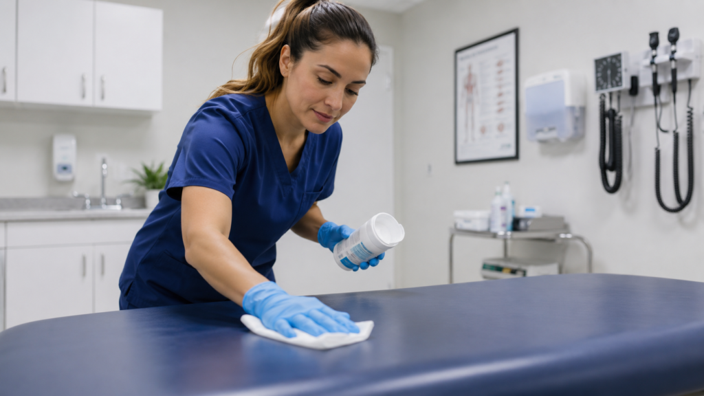 Professional clinical cleaner sanitizing exam room surfaces to ensure patient safety during high-turnover periods.