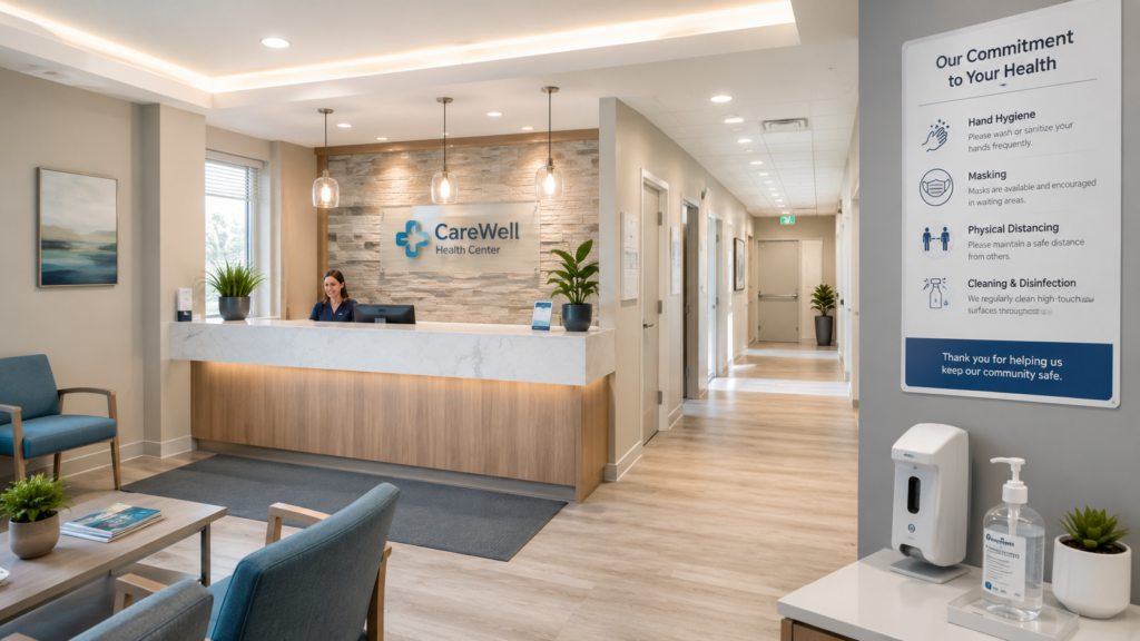 Clean and welcoming medical clinic reception area with visible sanitization station and hygiene protocols.