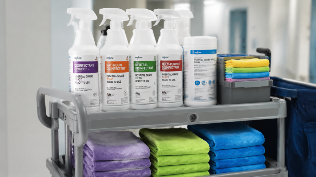 Medical-grade cleaning supplies including color-coded microfiber cloths and EPA-registered disinfectants.
