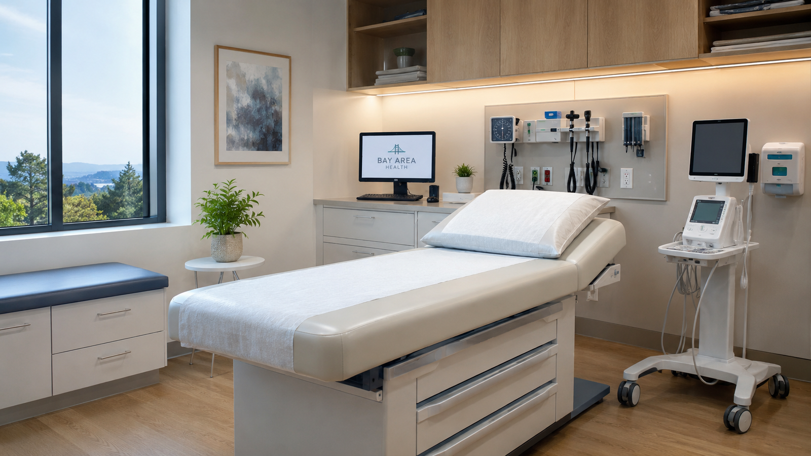 Professional clinical examination room demonstrating high standards of medical hygiene and patient safety.